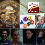 Composite image: Clockwise from top left: Cover of Tales & Tomes from the Forbidden Library, Arvan Eleron logo, Arvan Eleron (Gregory Wilson), Adam Petrosino, Carlos Hernandez, C.S.E. Cooney, and Zac Clay.